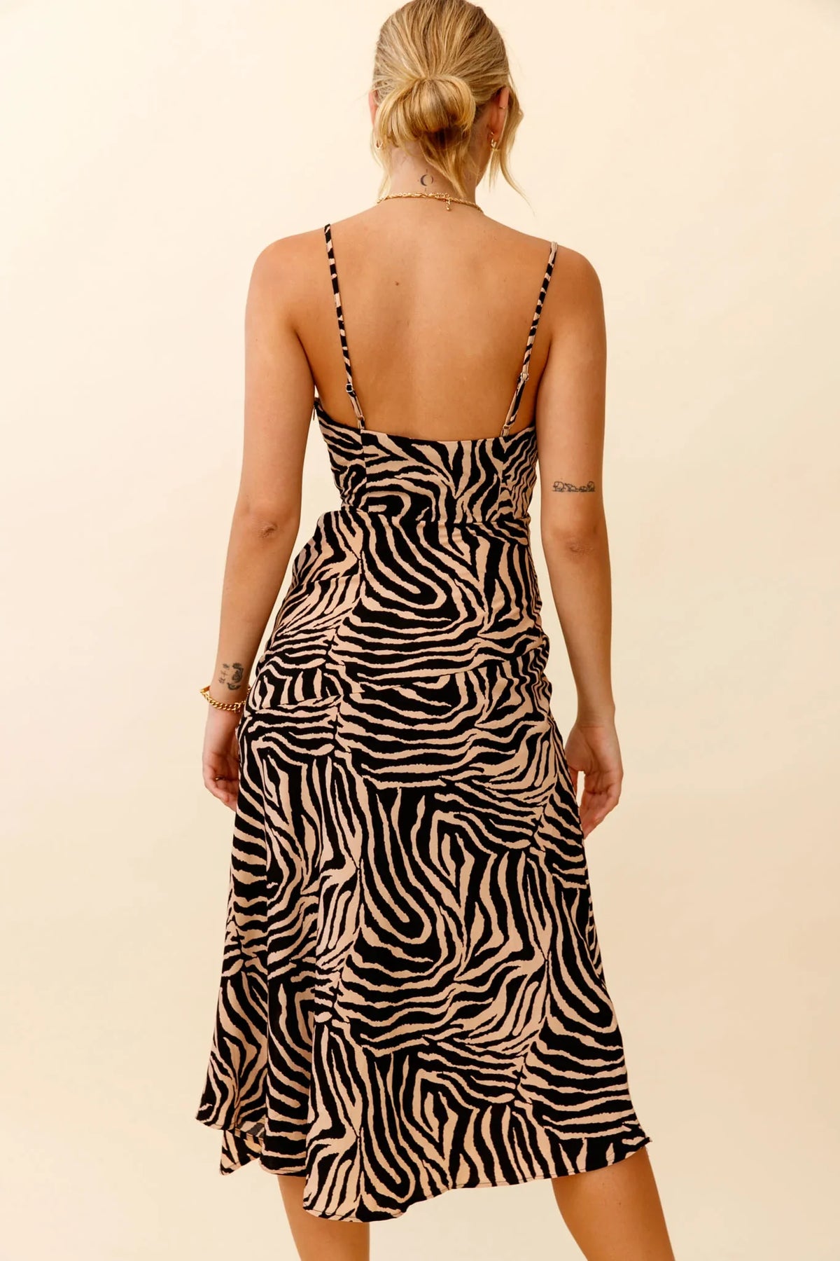 Misty Eyed Cowl Neck Thigh Split Midi Dress Animal Print Mocha