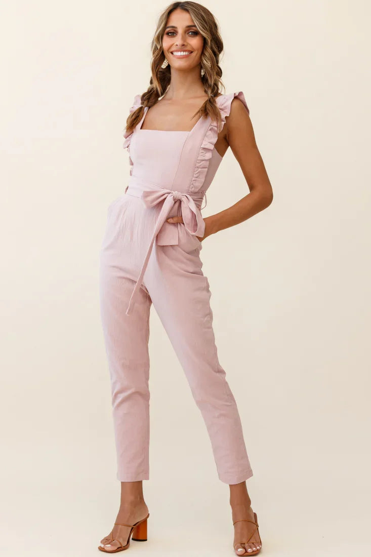 All For Love Square Neckline Ruffle Strap Jumpsuit Blush
