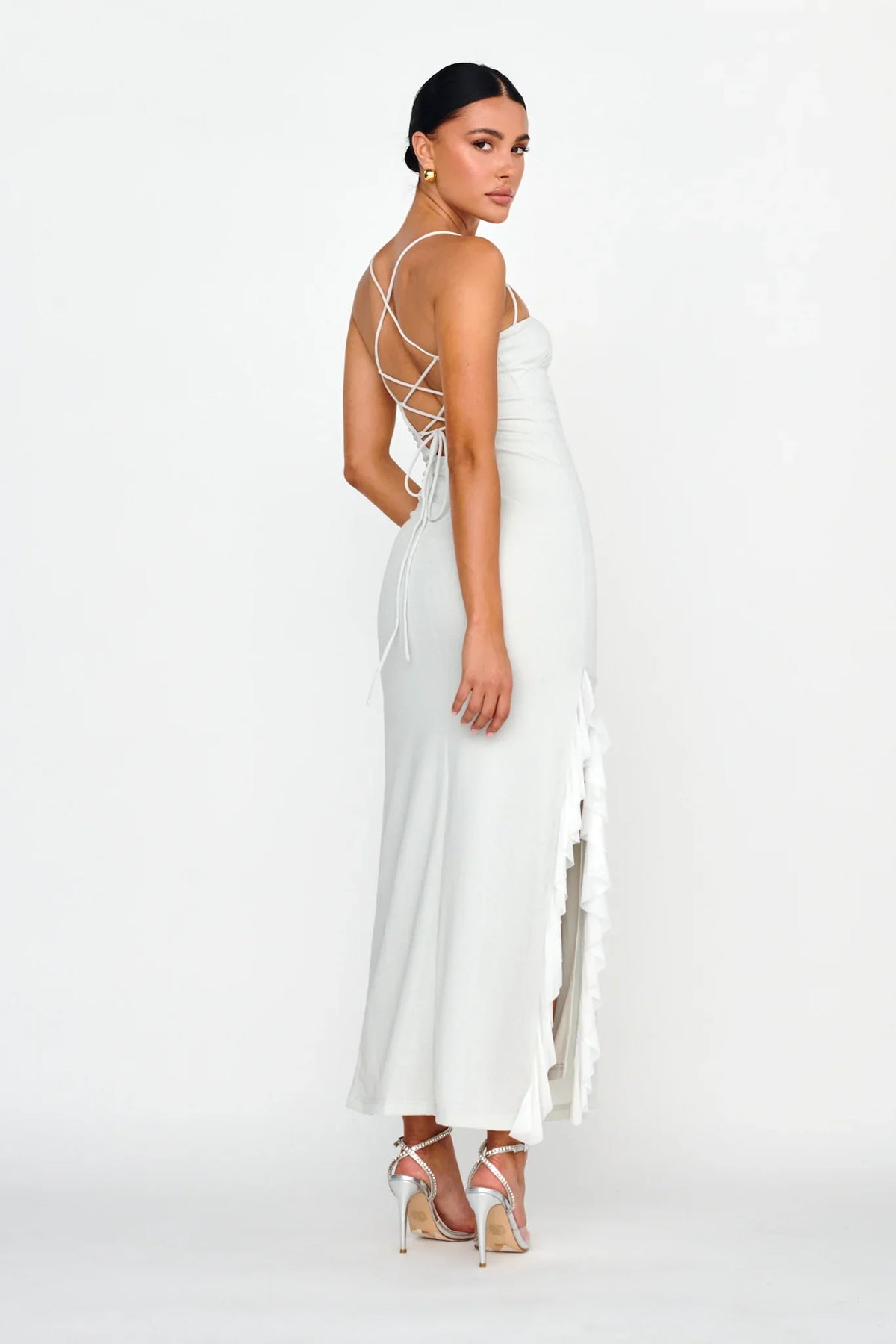 Rosilyn Split Ruffle Midi Dress Silver