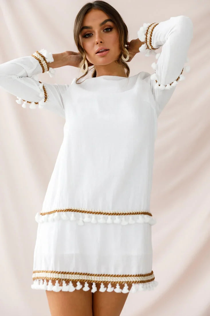 Leticia Tassel Trim Shift Dress White