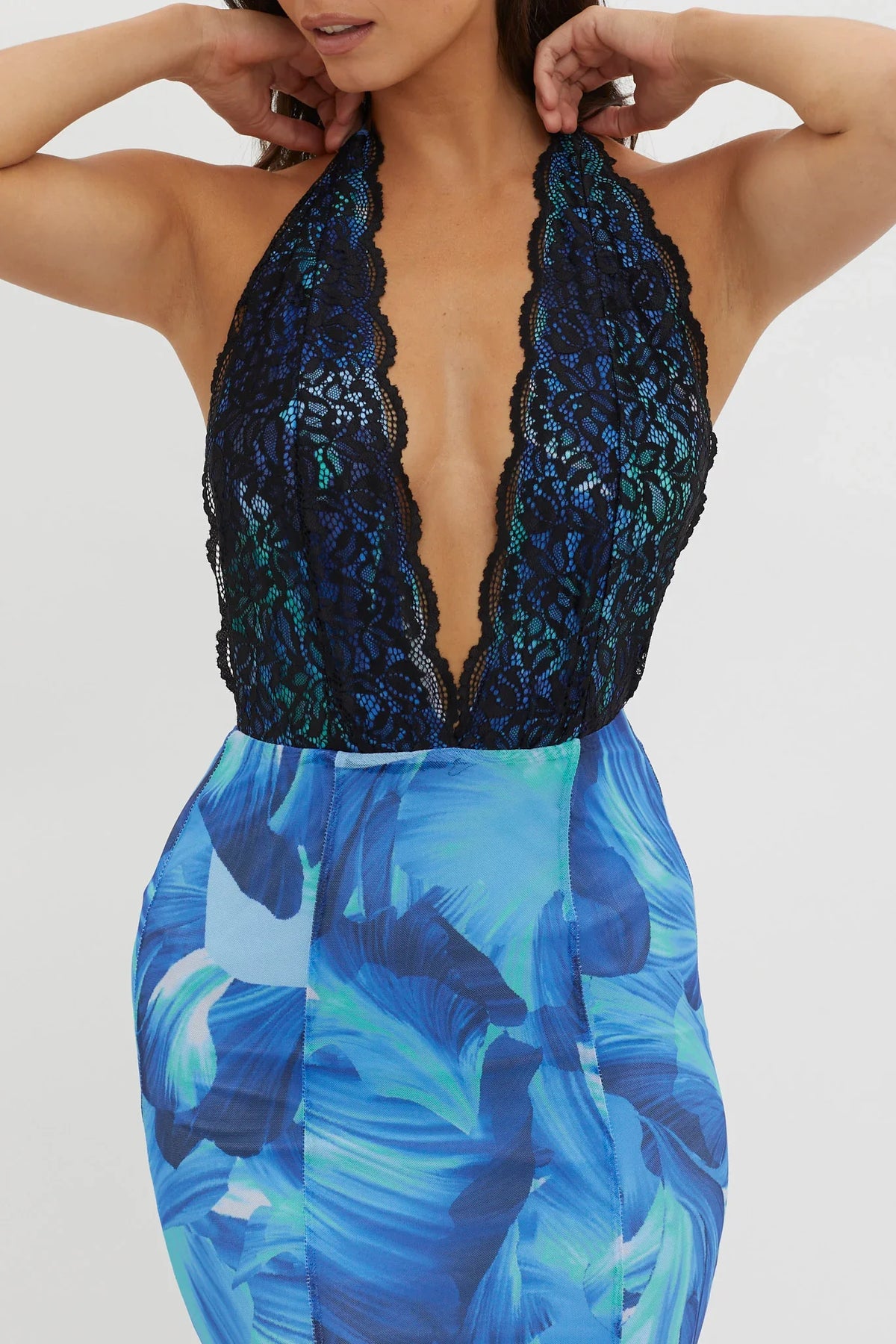 Mayah Lace Halterneck Maxi Dress Abstract Blue