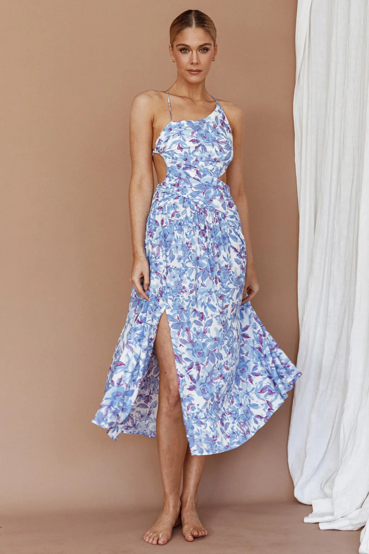 Destination Open Back Midi Dress Floral Blue