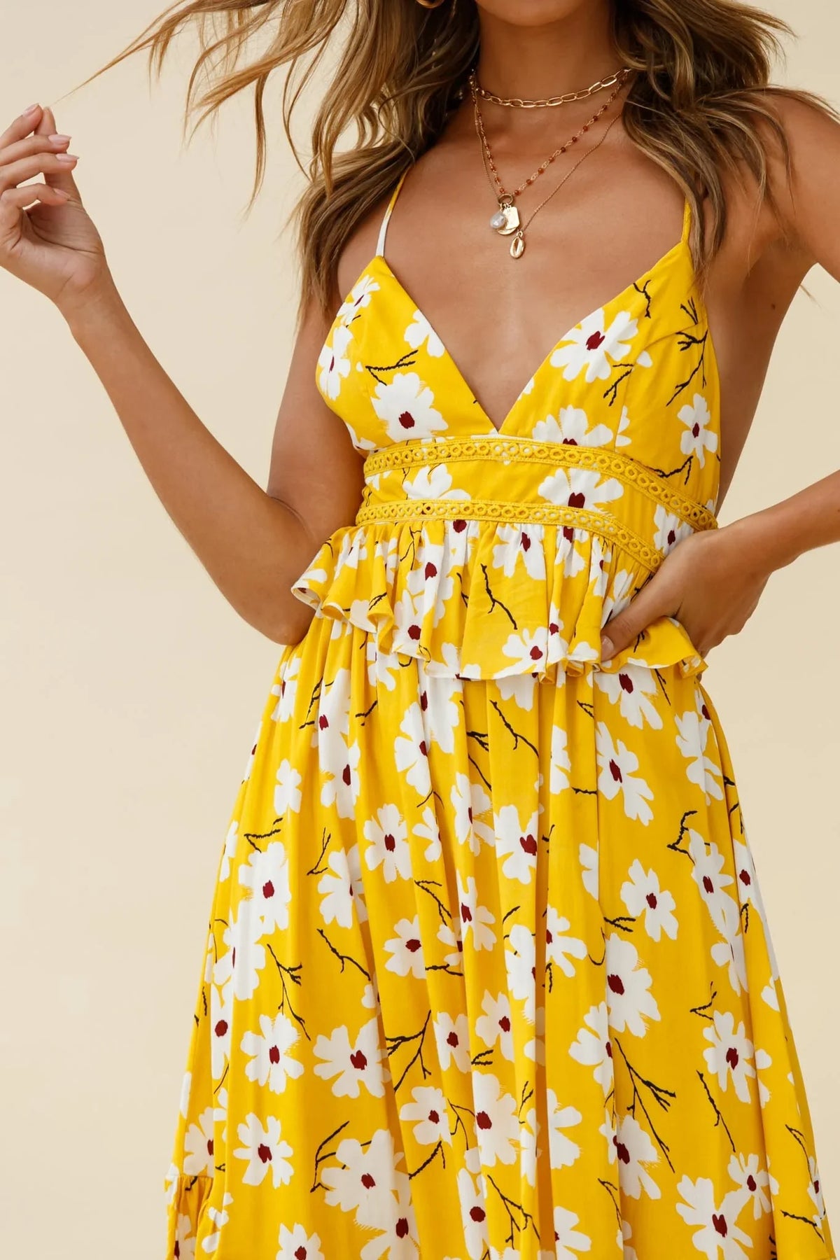Marigold Peplum Midi Ruffle Dress Floral Print Yellow
