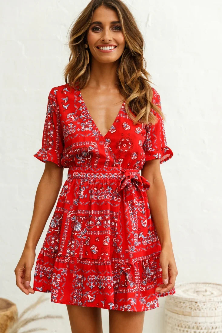 Rubi V-Neckline Wrap Dress Pattern Print Red