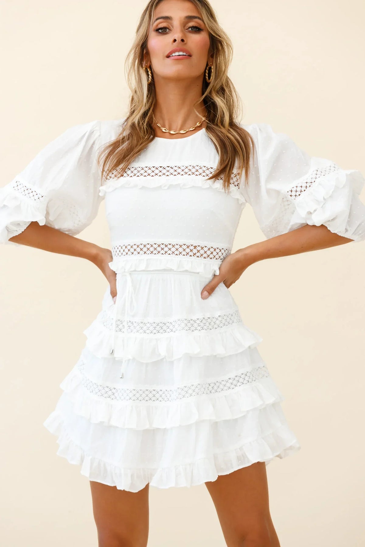 Dream About It Puff Sleeve Frill Dress White