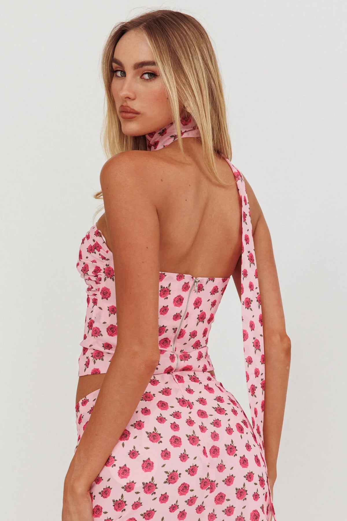 Charise Strapless Neck Tie Top Roses Pink