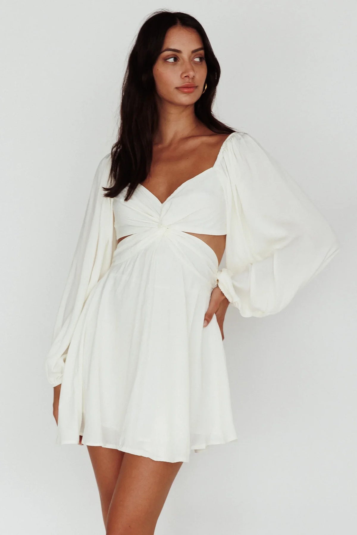 Miraya Balloon Sleeve Twist Mini Dress White