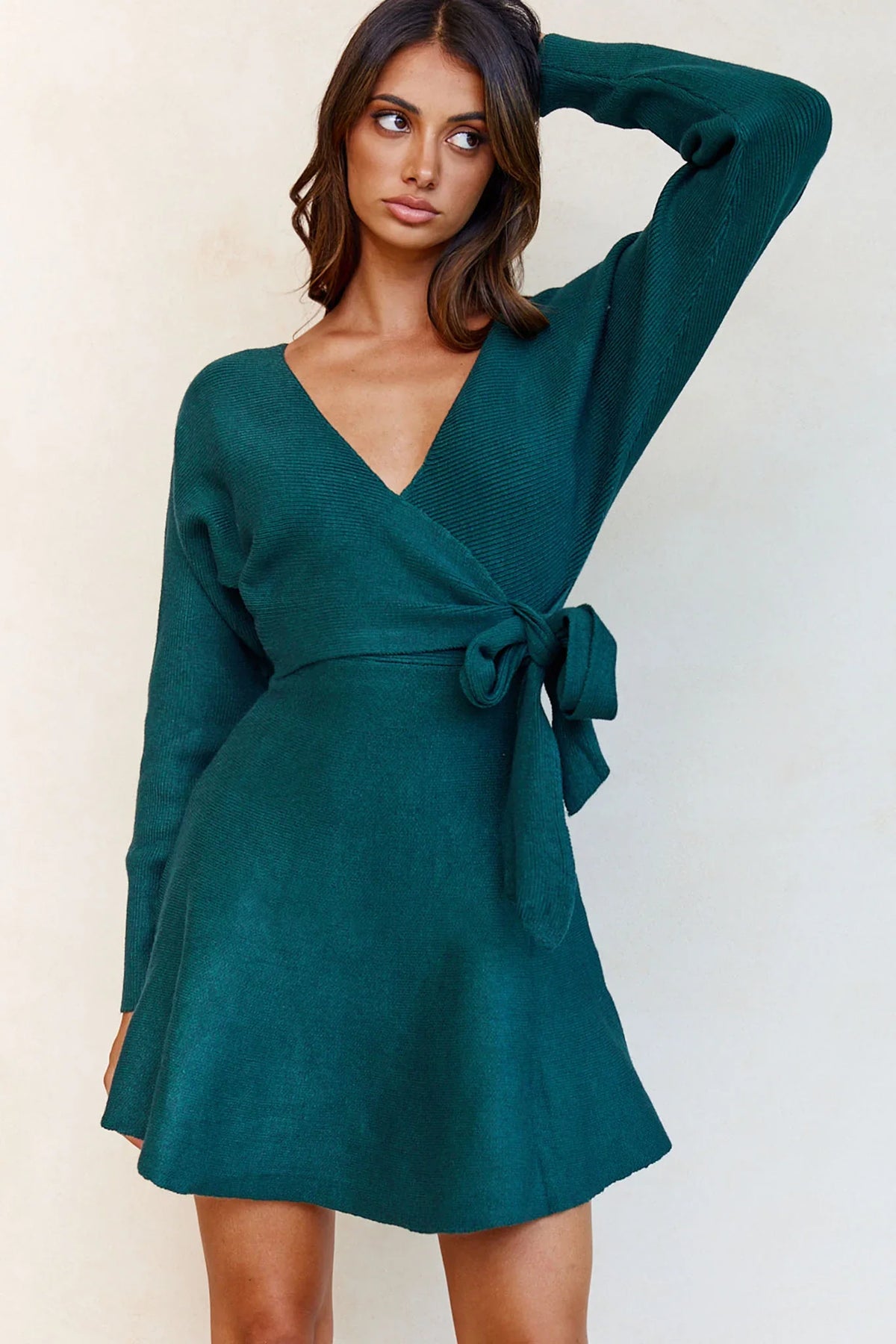 Shooting Star Long Sleeve Side Tie Knit Dress Forest Green