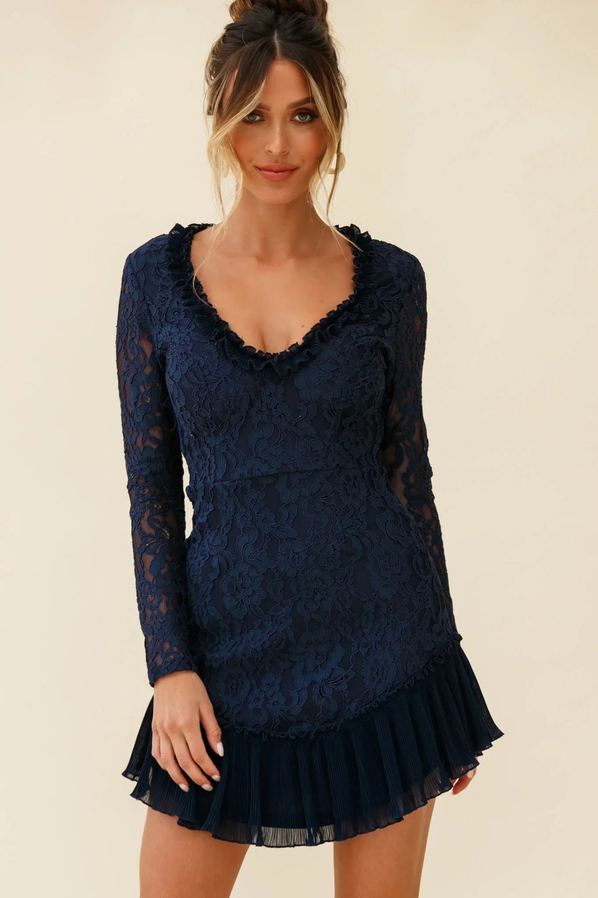 Isabella Long Sleeve Open Back Lace Dress Navy