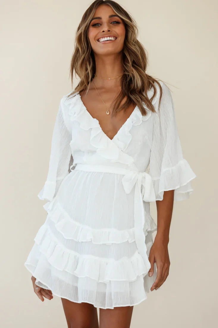 Time Will Tell Angel Sleeve Frill Detail Dress White
