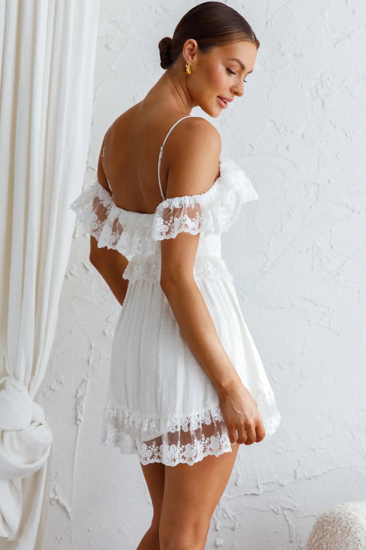 Good Morning Sunshine Off Shoulder Lace Frill Trim Mini Dress White