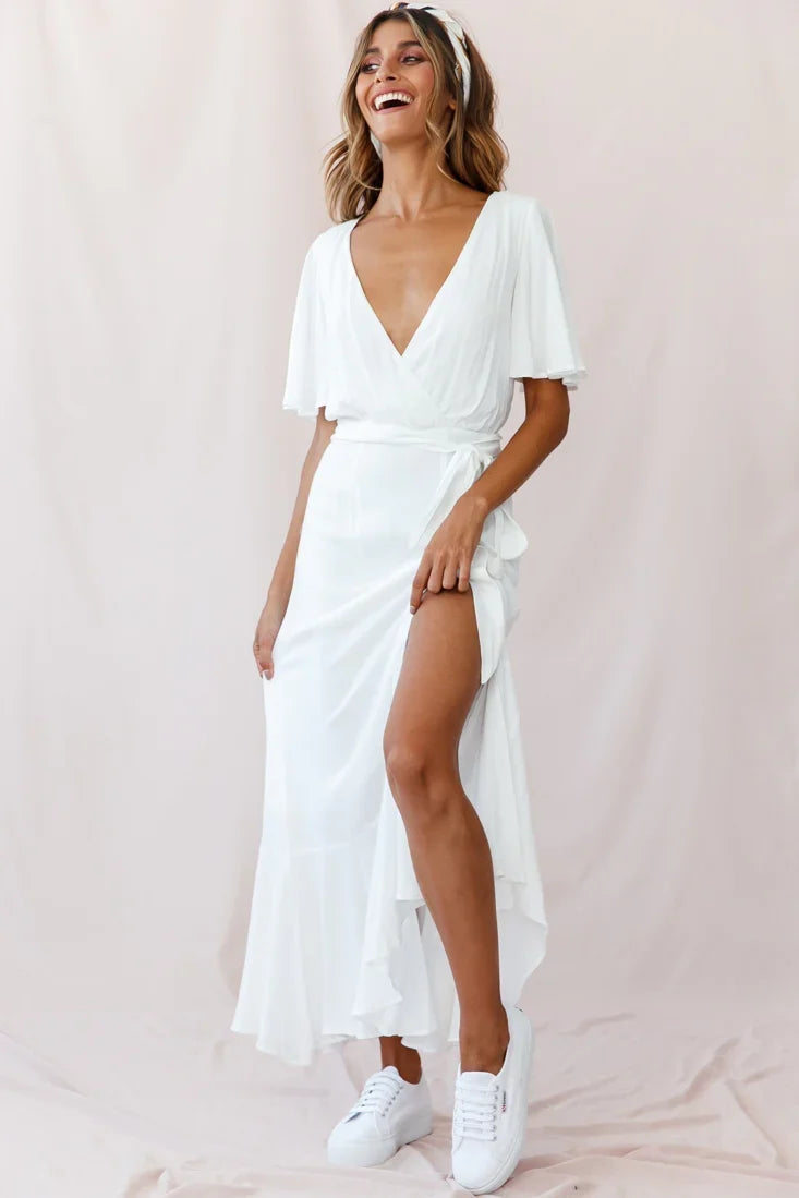 Friday Surplice Neckline Front Split Maxi Dress White