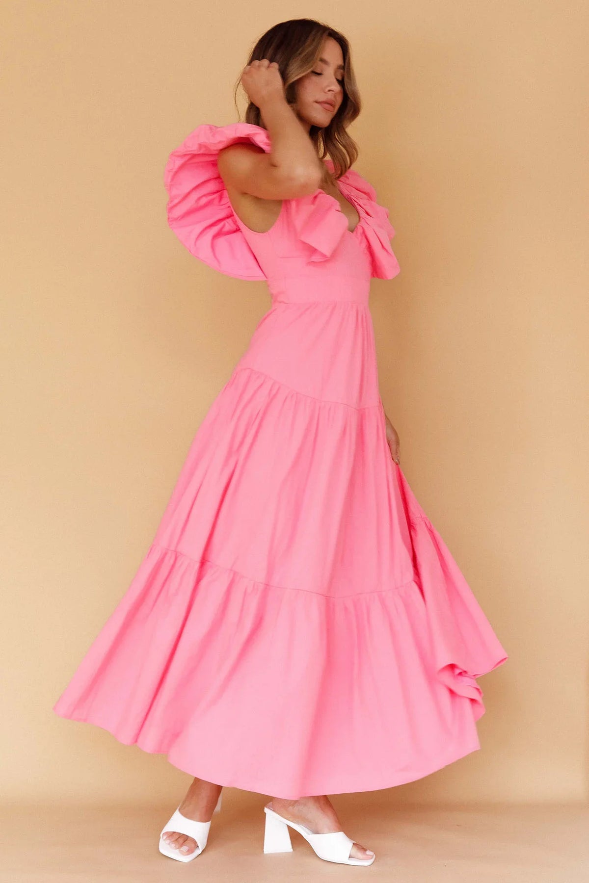 Kahlo Puffed Ruffle Neckline Maxi Dress Soft Pink