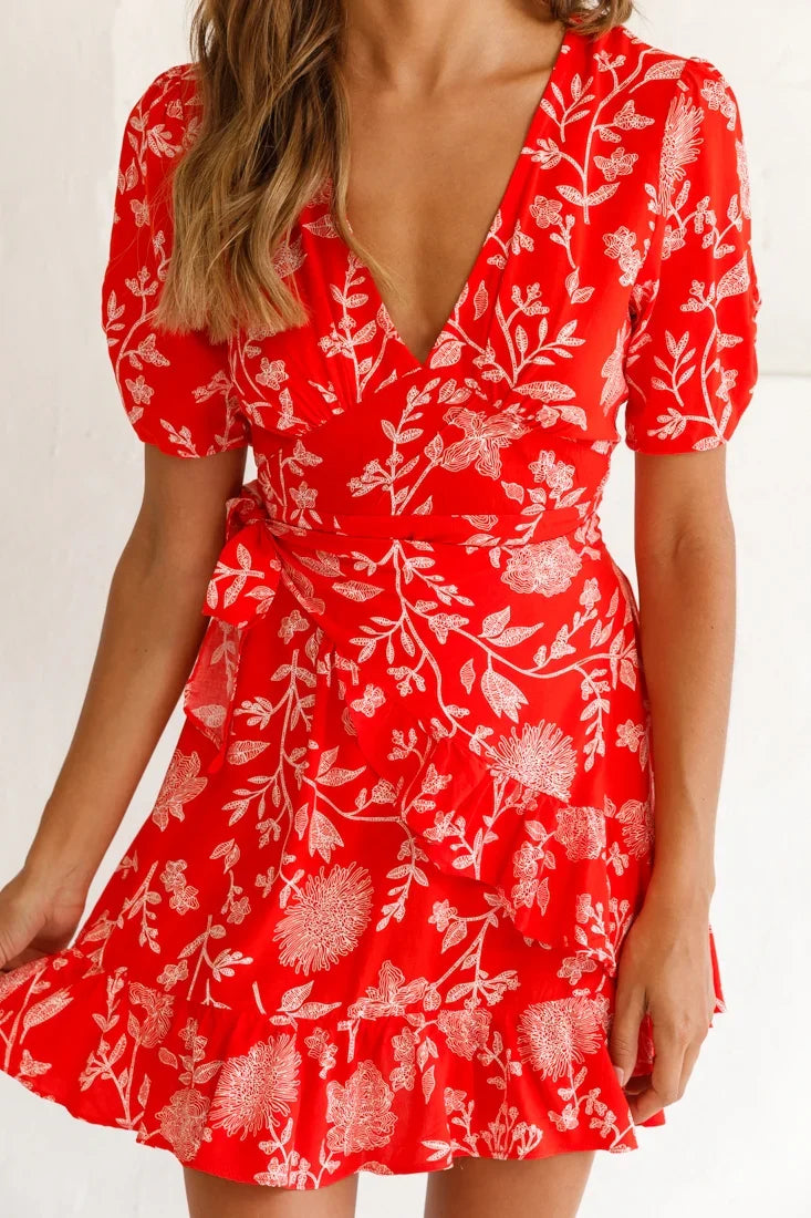 Wonderland Wrap Front Tea Dress Floral Print Red