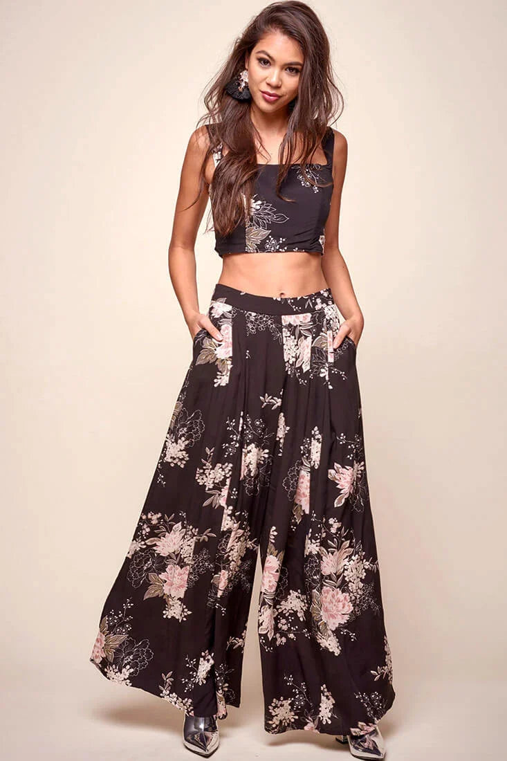 Cicely Floral Wide Leg Pants Black