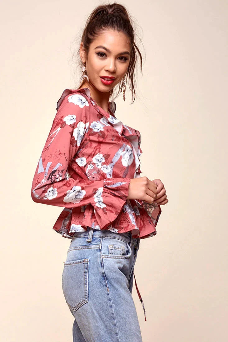 Bellamy Ruffled Bell Sleeve Floral Top Red