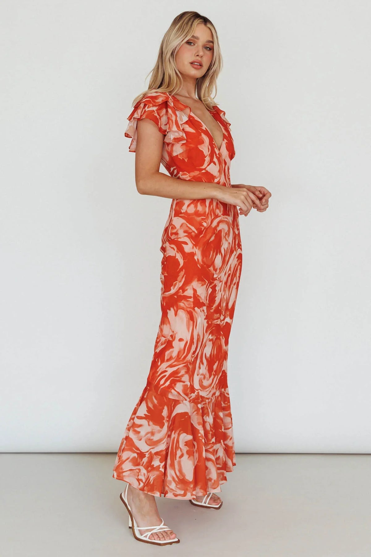 Lydiah Ruffle Sleeve Maxi Dress Floral Orange