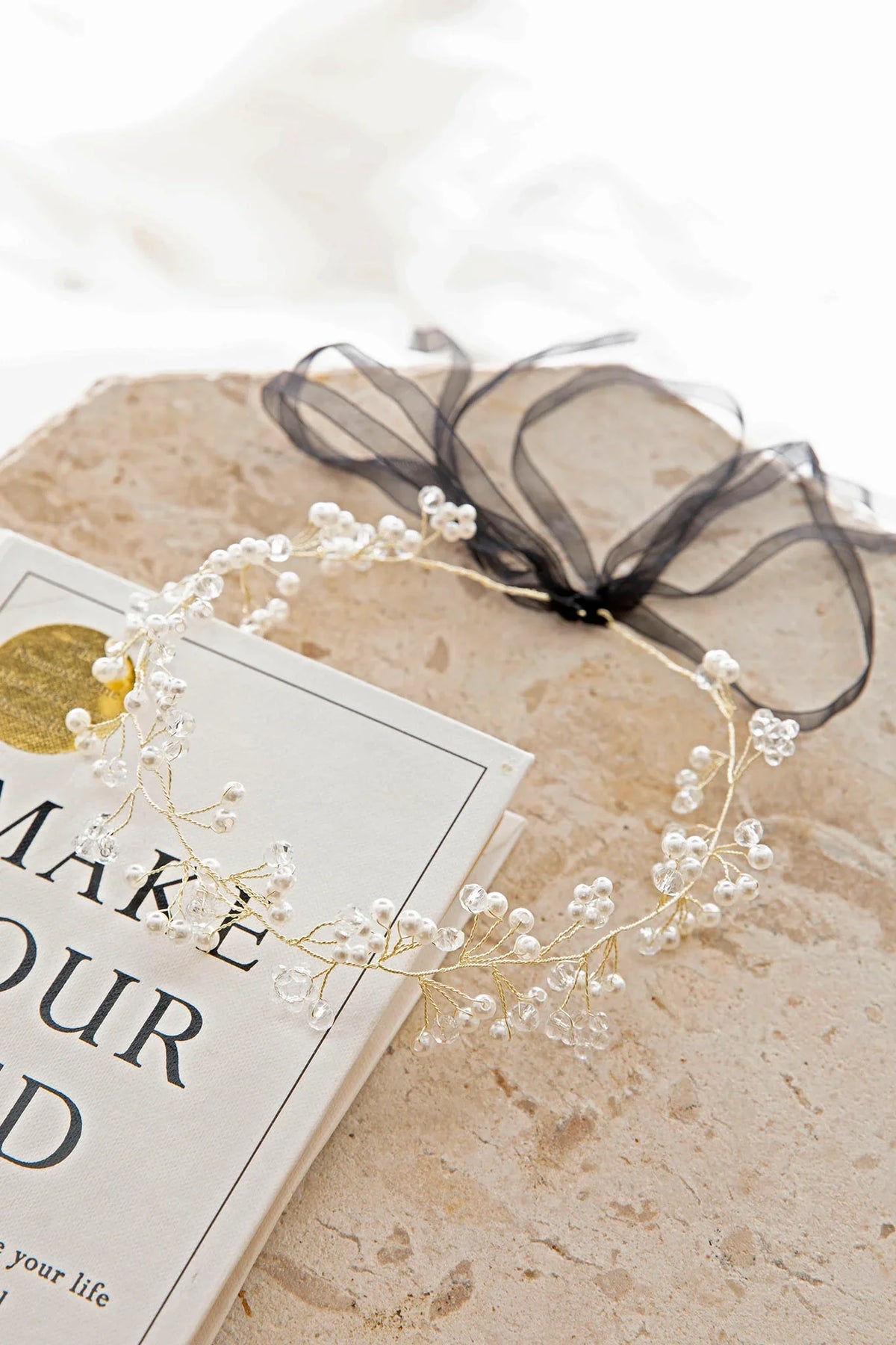 Enchanted Pearl & Crystal Wire Headband Gold