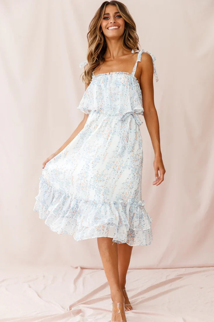Maeve Shoulder Tie Layered Ruffle Dress White