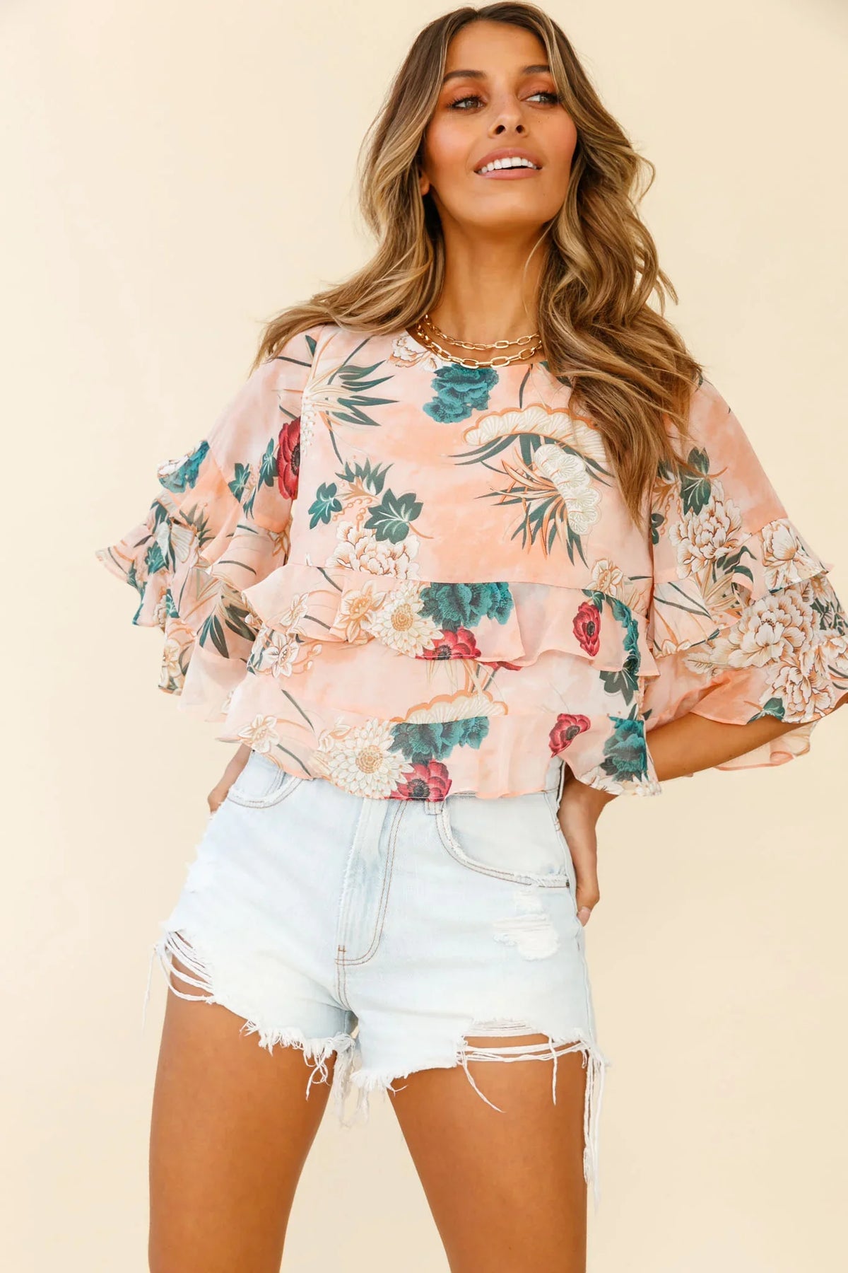 Pure Bliss Flounce Sleeve Frill Crop Top Floral Print Nude