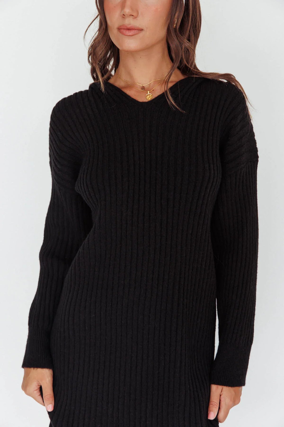 Autumn Hooded Sweater Midi Dress Black