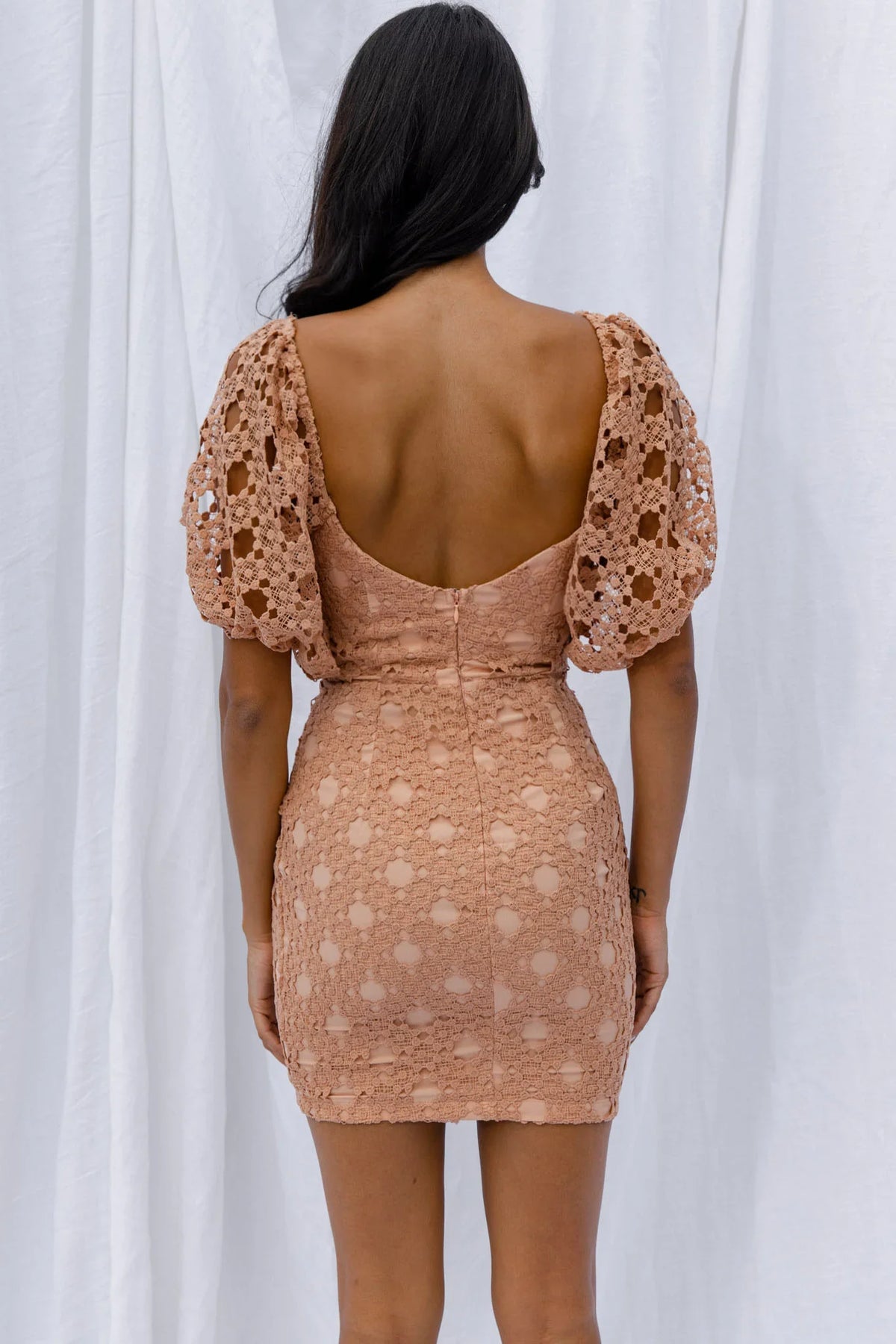 Catch Feelings Sweetheart Neckline Crochet Lace Overlay Dress Mocha