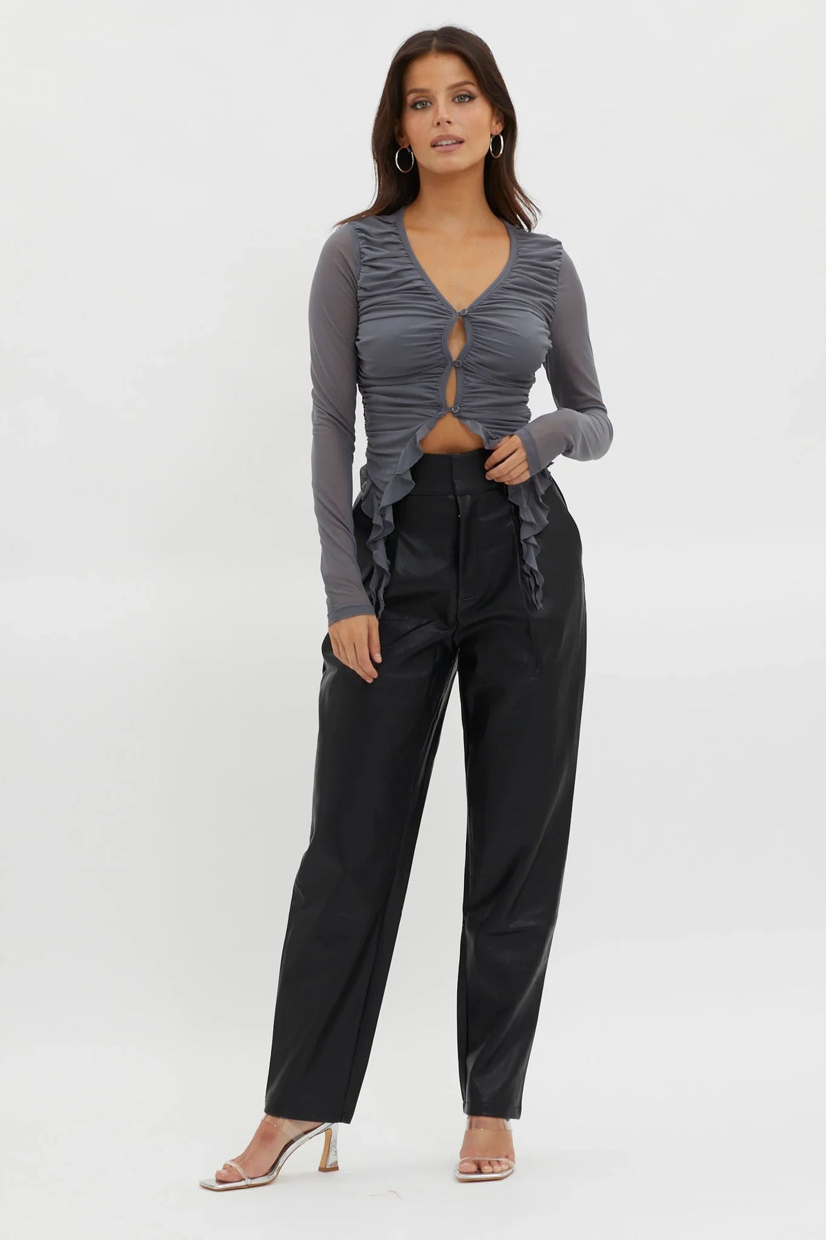 She's Unstoppable Ruffle Trim Mesh Top Pewter Grey