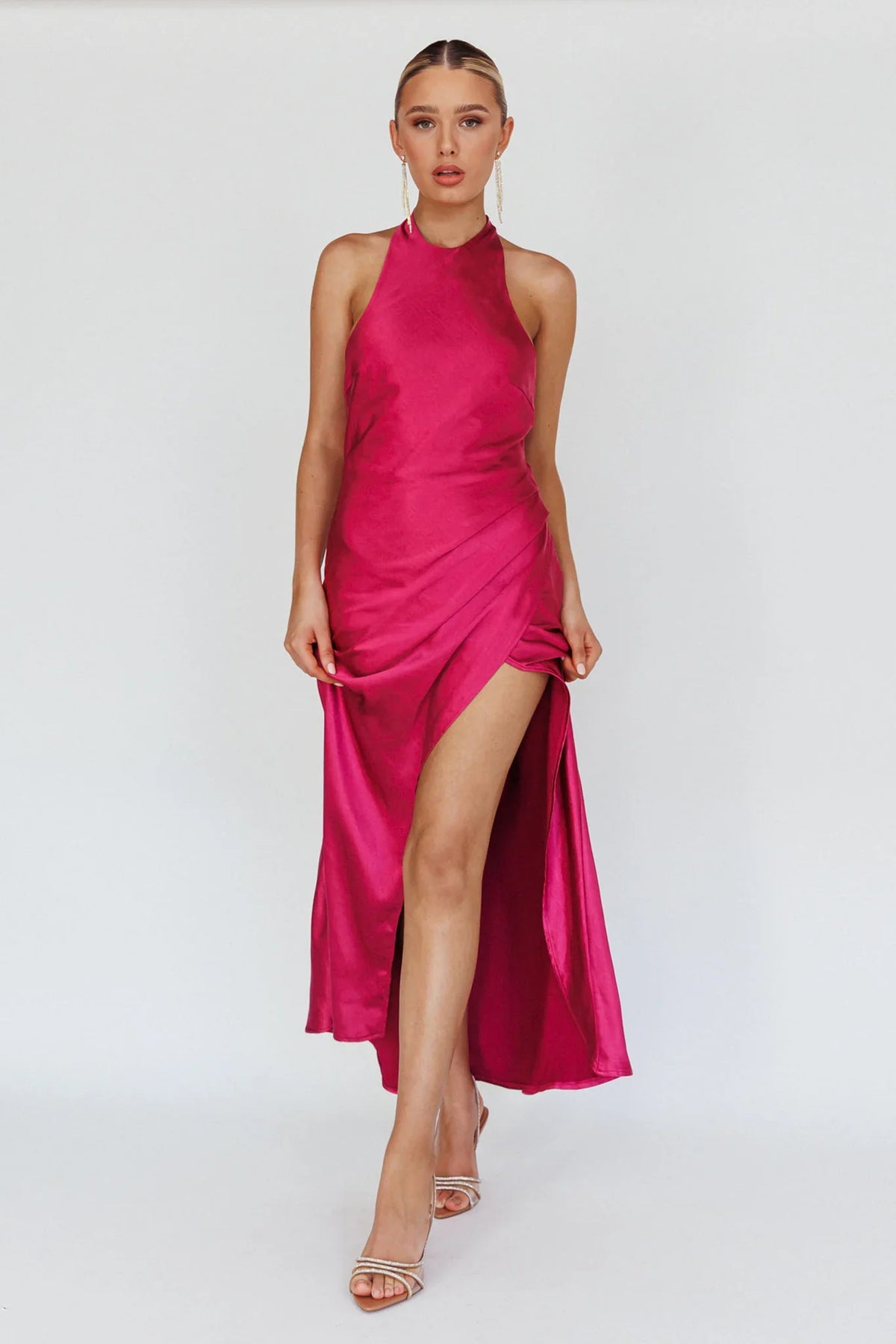 Sonoma Halterneck Faux Wrap Twist Back Maxi Dress Fuchsia