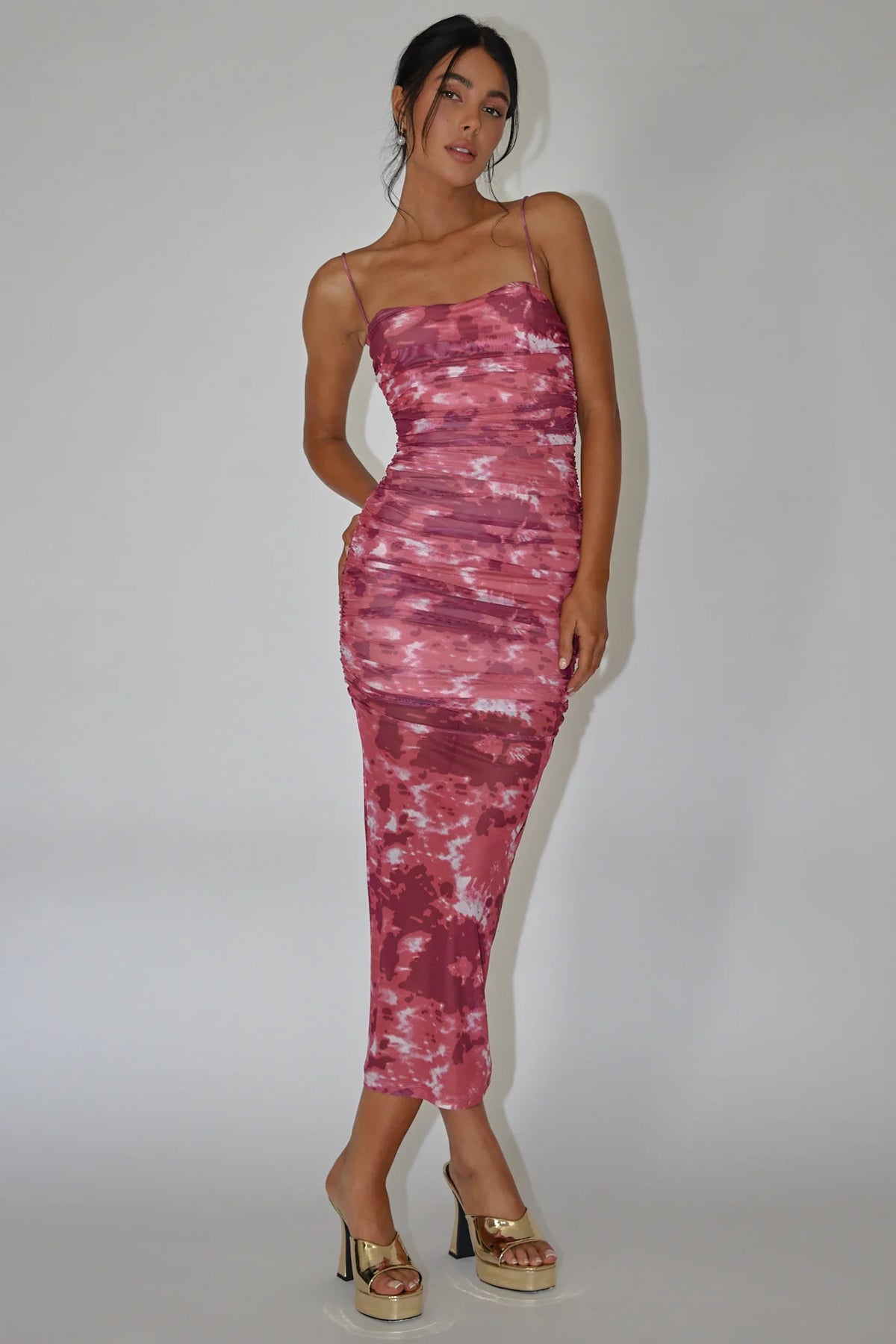 Logan Strapless Ruched Midi Dress Print Wine