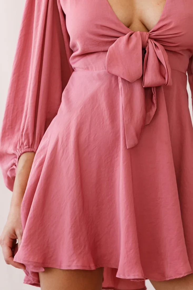 Madison Bow Tie Bust Balloon Sleeve Dress Rose