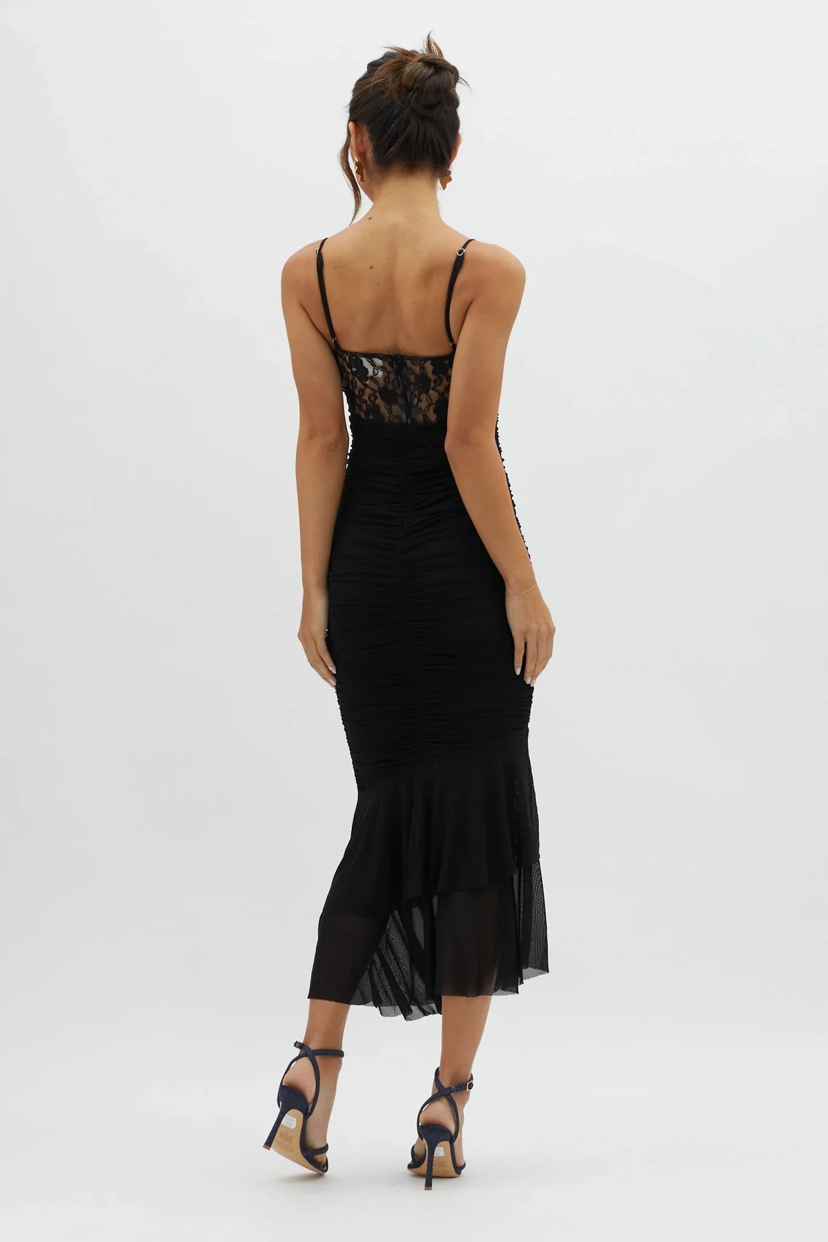 Cherubim Lace Insert Ruched Midi Dress Black