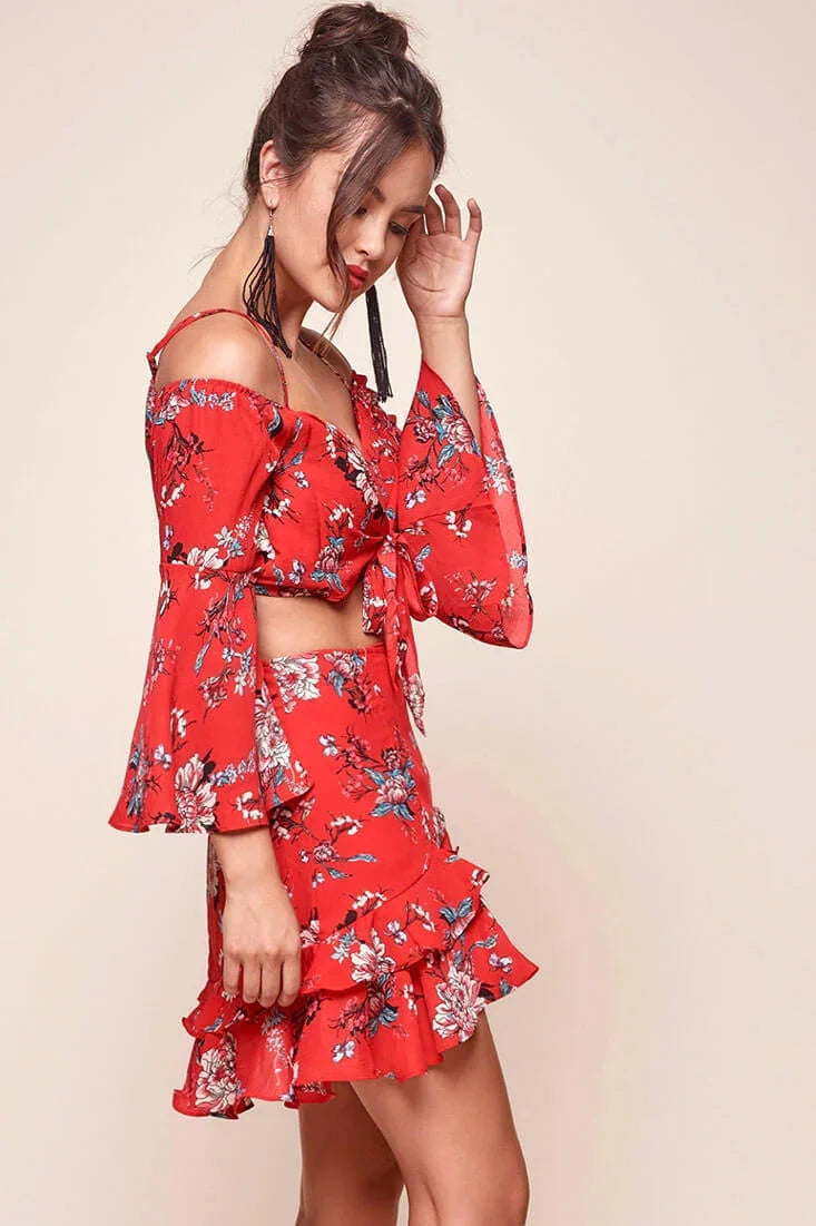 Bellisario Floral Ruffle Caribbean Skirt Red