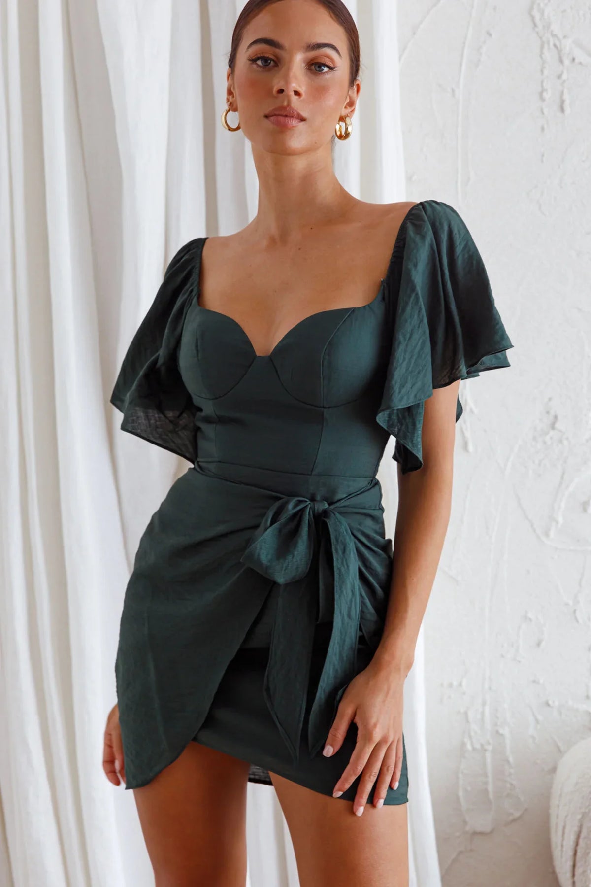 Aphrodite Molded Bust Angel Sleeve Wrap Dress Forest Green