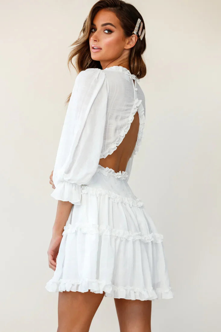 Laney Cutout Back Balloon Sleeve Dress White