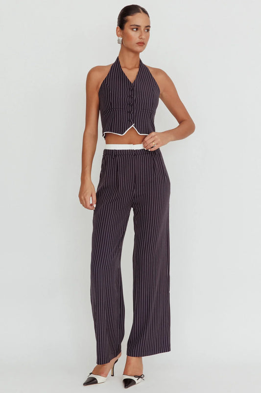 Lilija Pinstripe Double Waistband Wide-Leg Pants Navy