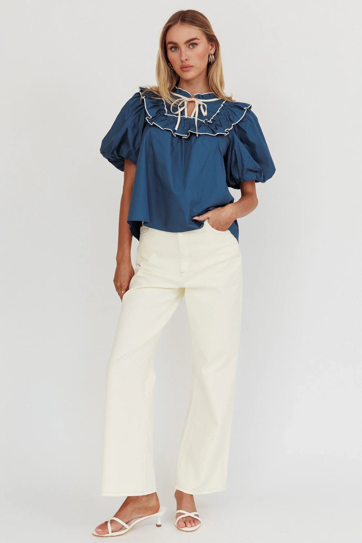 Remarkable Puff Sleeve Tied Neck Top Teal