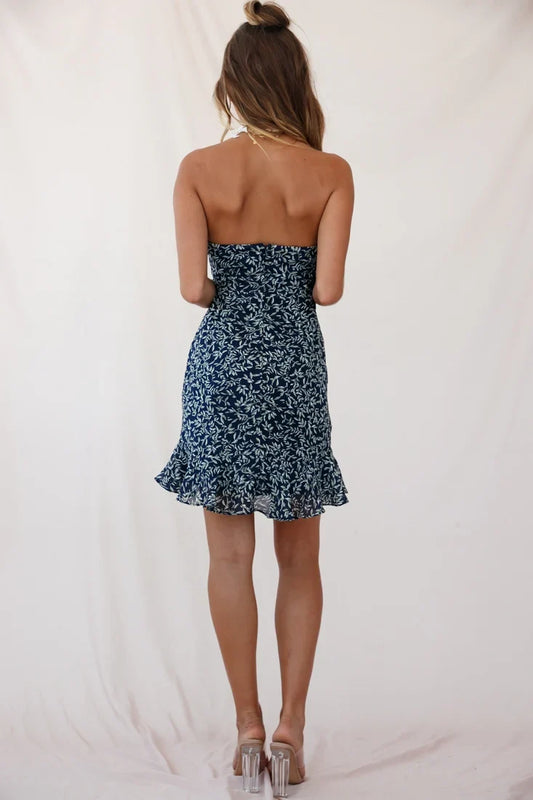 Lucky Tie-Knot Bust Ruffle Hem Mini Dress Leaf Print Navy