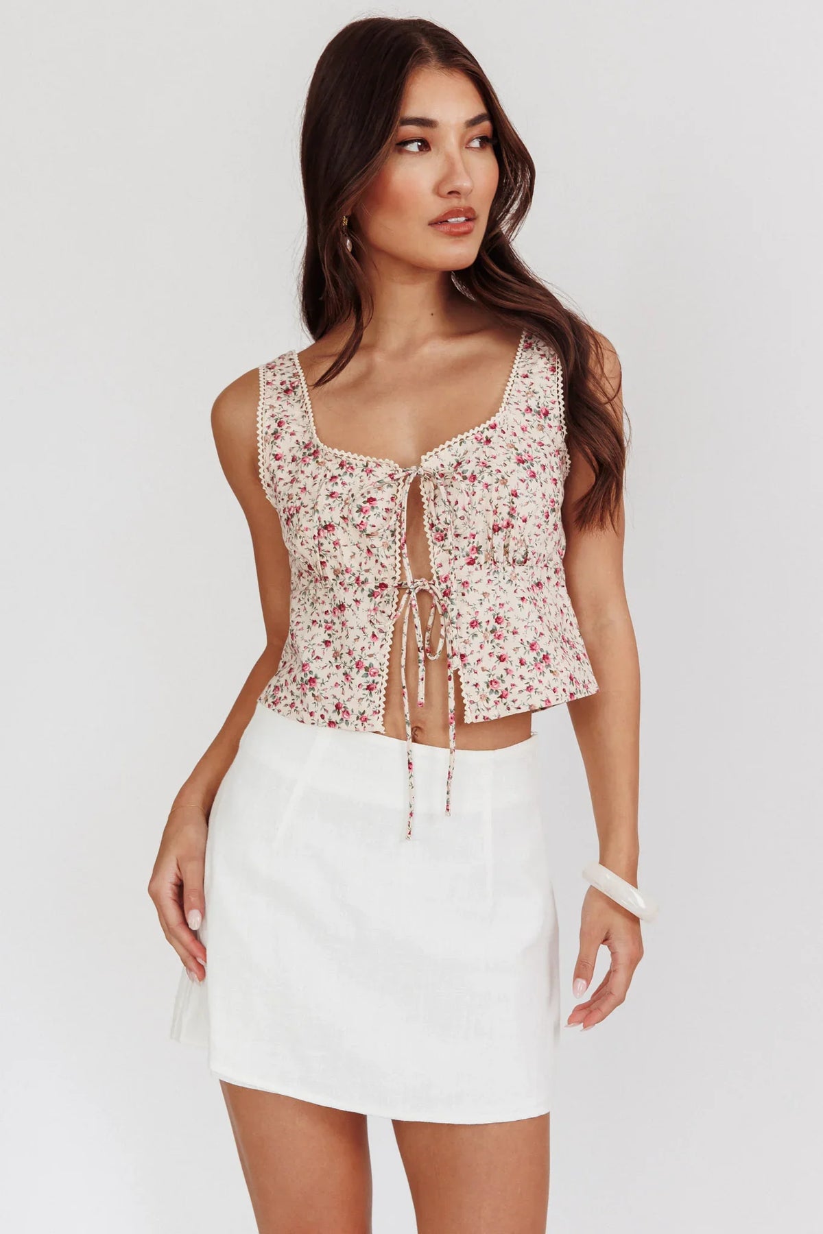 Evelynn Floral Front Tied Top Beige