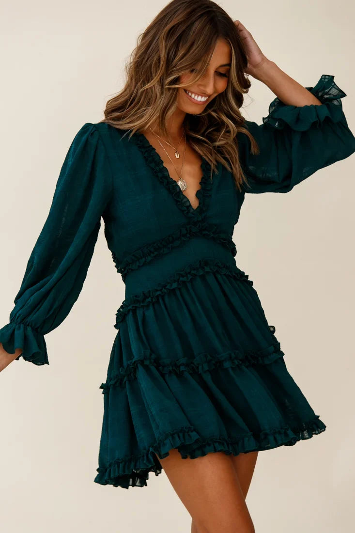 Laney Cutout Back Balloon Sleeve Dress Forest Green
