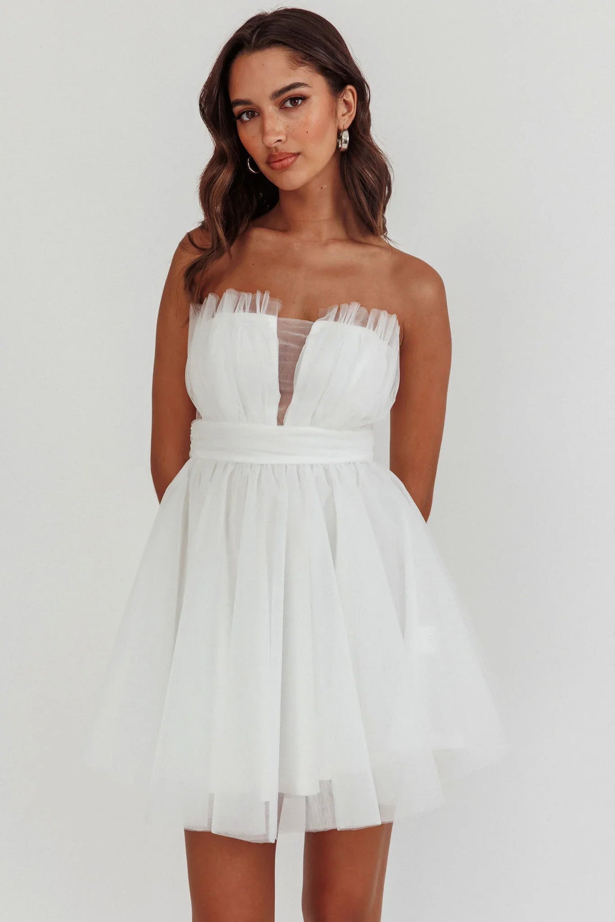 Touch The Stars Gathered Mesh Mini Dress White