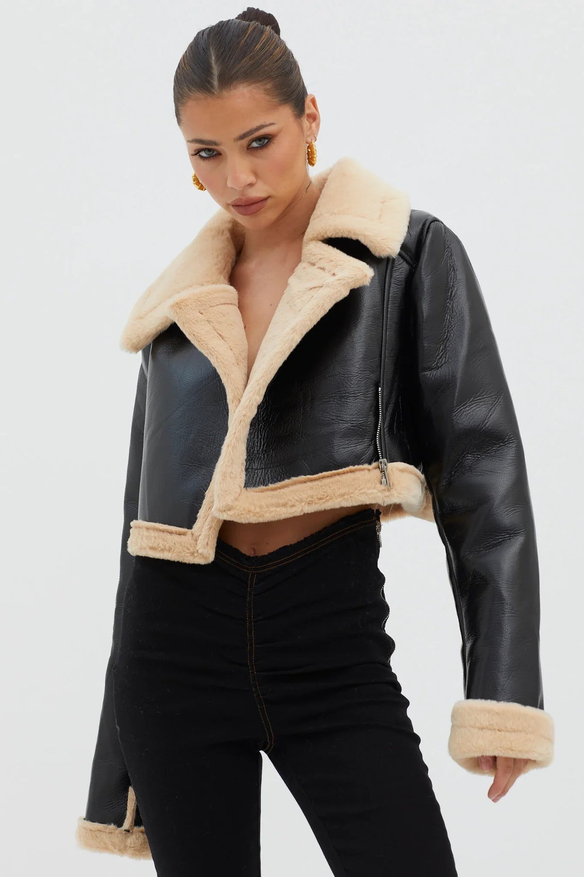 High Altitude Faux Fur Biker Jacket Black/Taupe