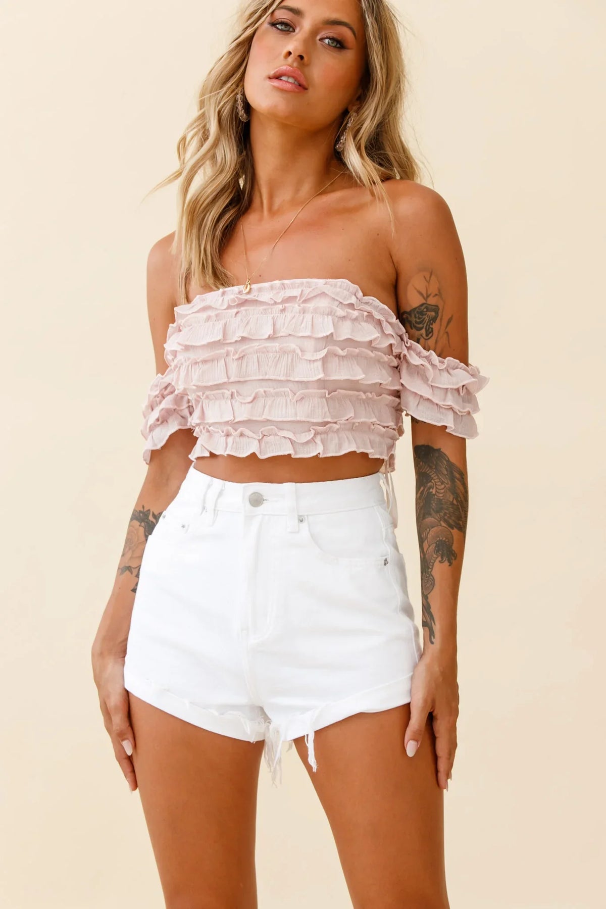 Tigerlily Tiered Frill Off-Shoulder Top Blush