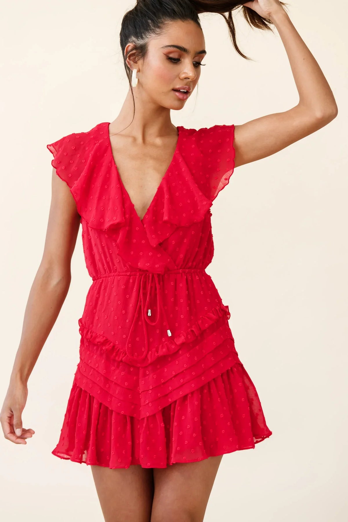 Willah Pintuck And Frill Detail Drawstring Dress Red Textured