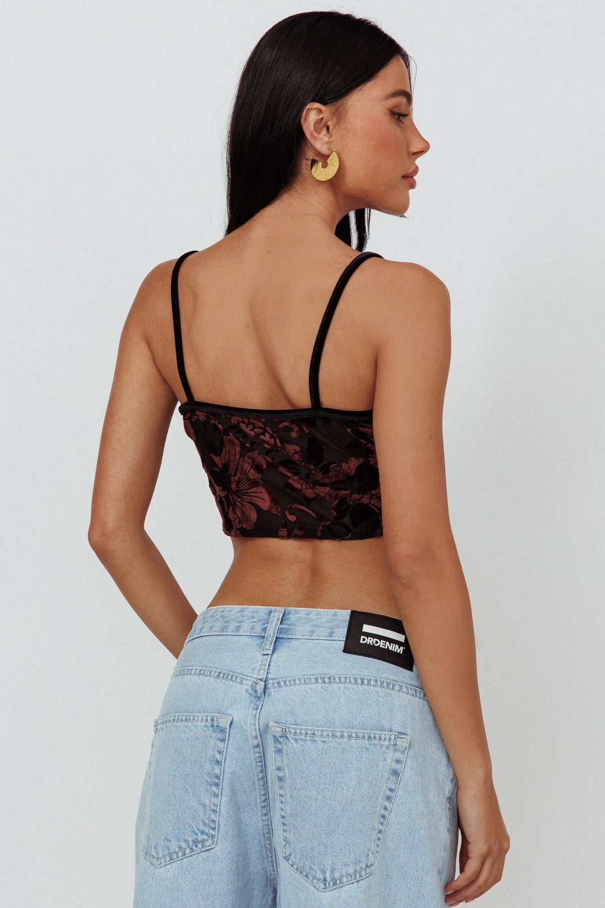 Caught Feelings Floral Velour Crop Top Black/Brown