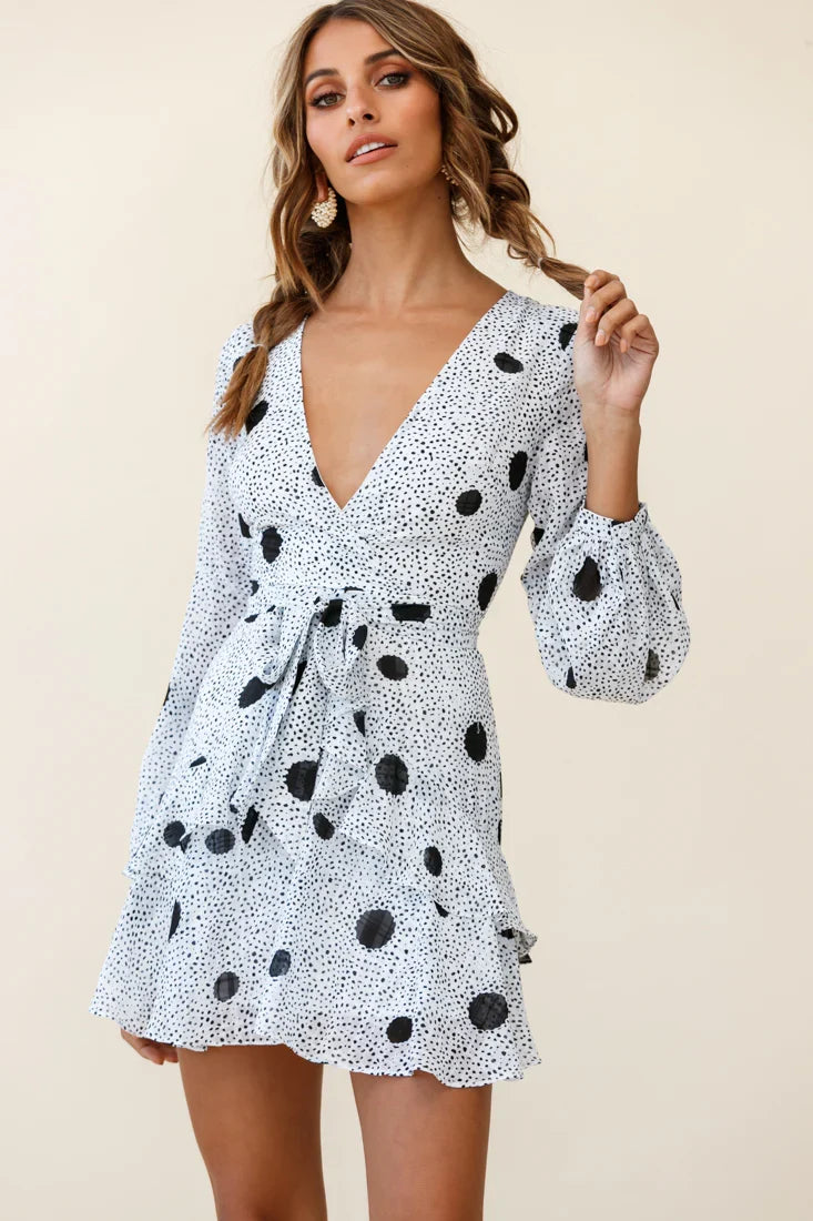 Kerry Layered Balloon Sleeve Dress Black Spot Print White