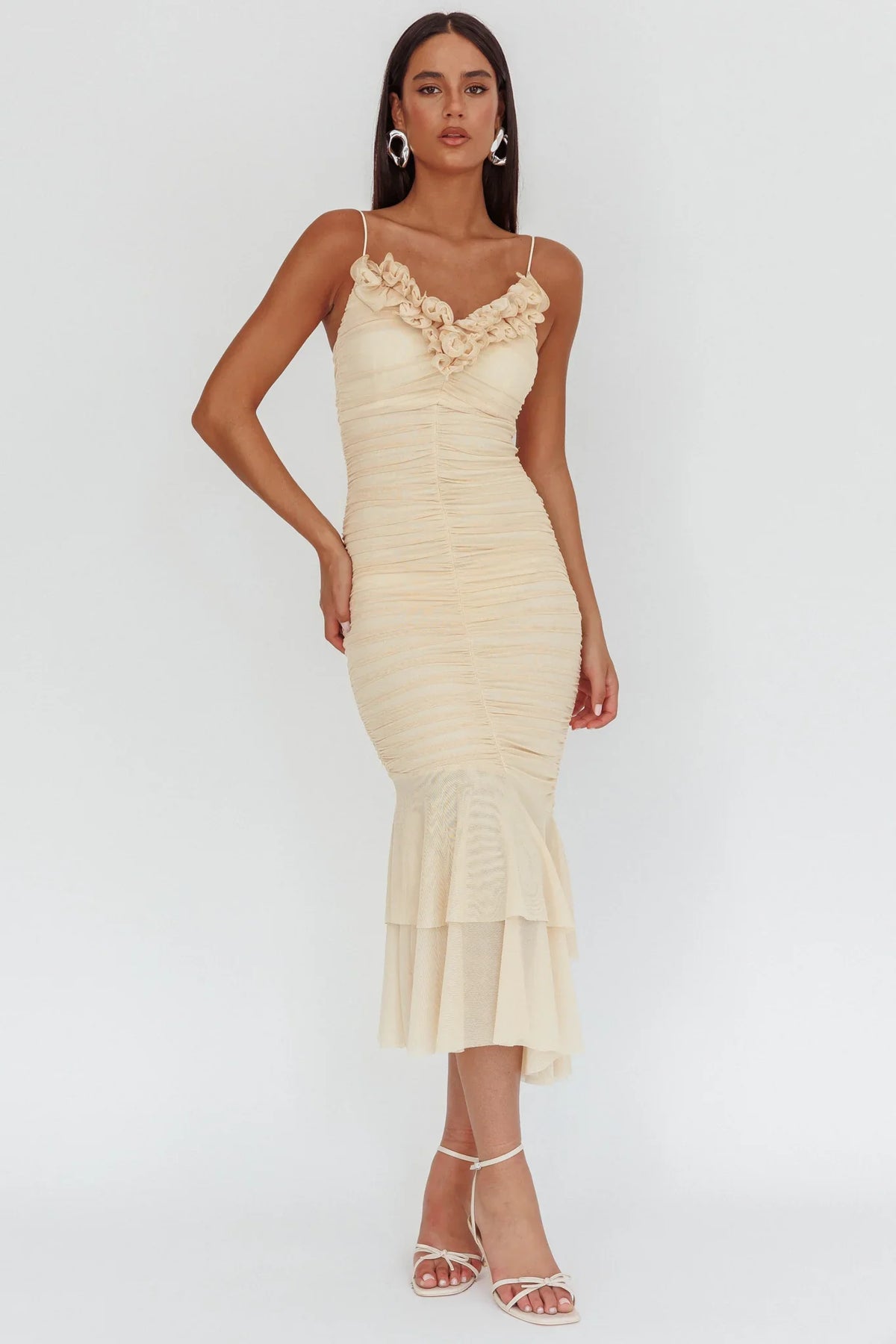 Nadia Ruffle Neckline Ruched Midi Dress Butter