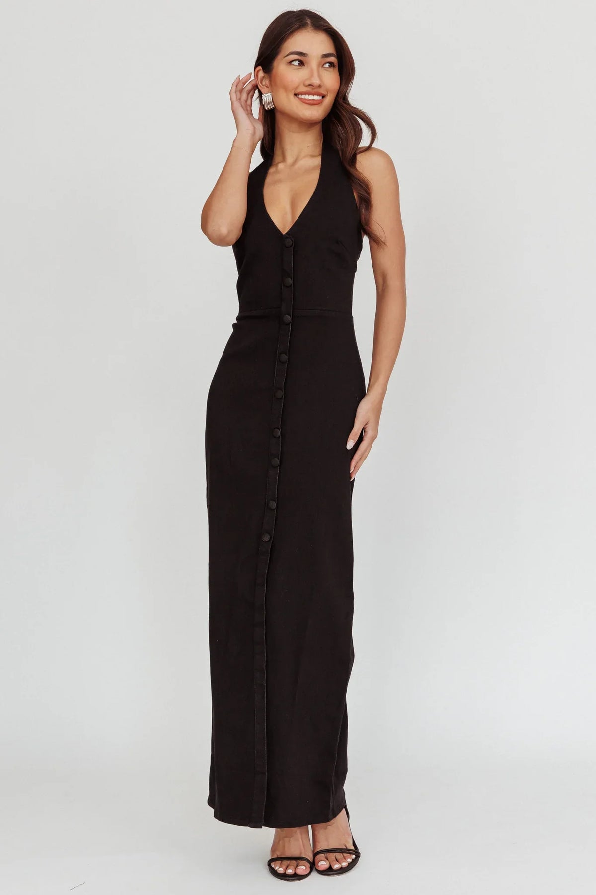 Renita Halterneck Button Maxi Dress Black