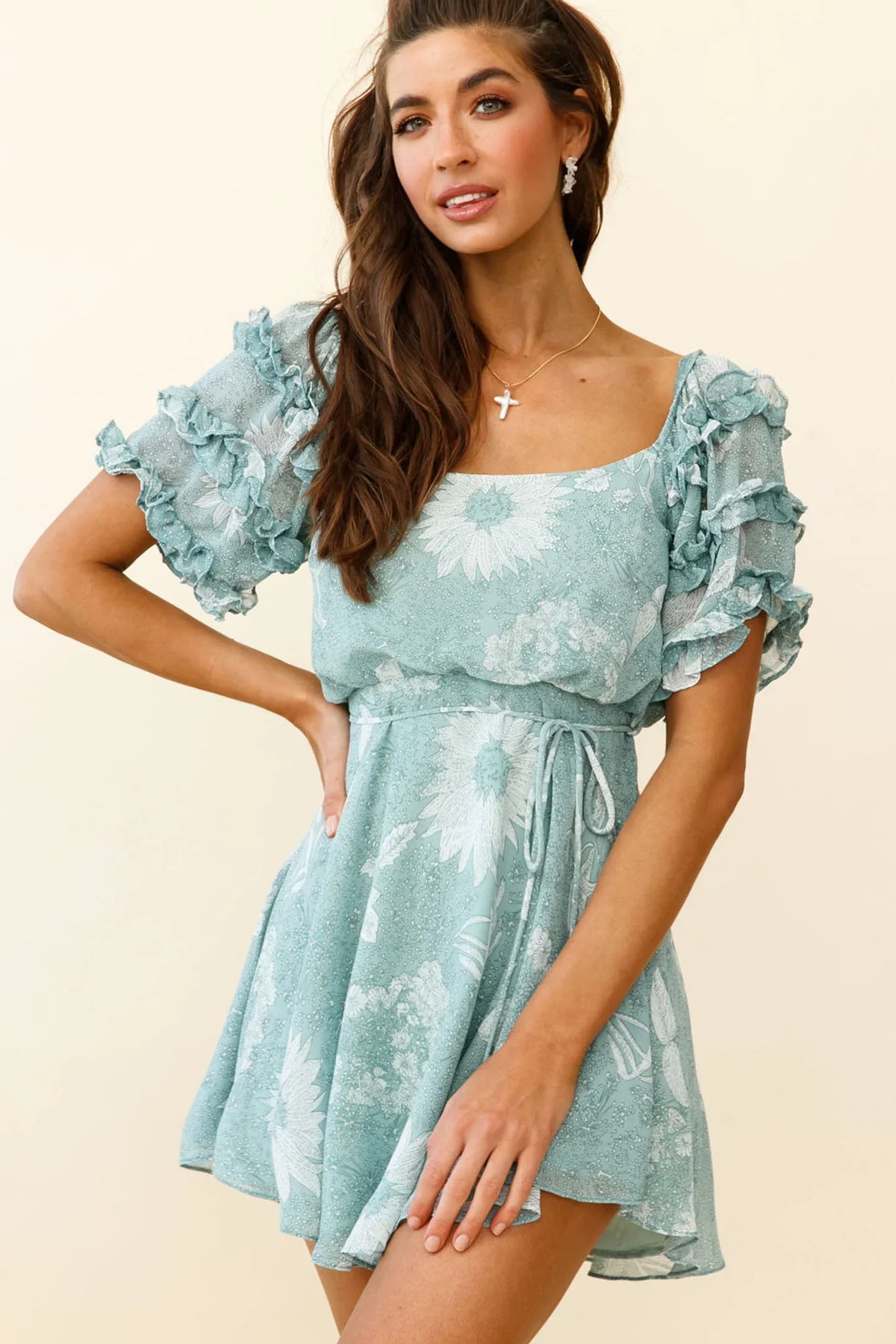 Rosa Short Sleeve Frill Accent Dress Floral Print Sage