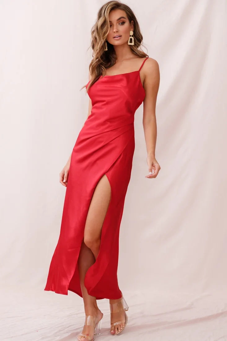 Hey Girl Long Satin Cowl Neck Dress Red