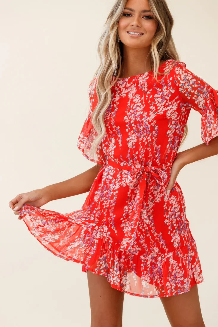 Azealia Ruffle Hem Dress Floral Spring Print Red